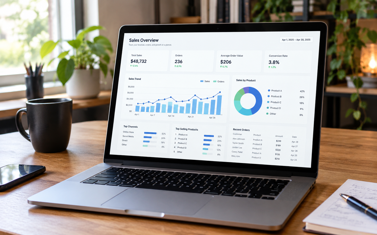 A laptop showing a sales dashboard with revenue, orders, and top products